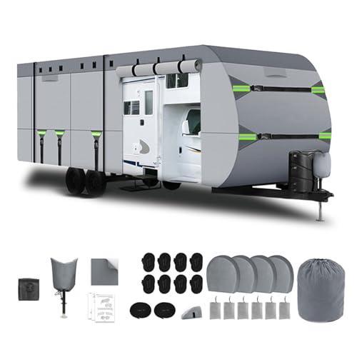 RV Covers Upgraded 8 Layers Top Camper Cover Windproof Travel Trailer RV Cover with Waterproof PU Coating Camper Cover Motorhome Camper Covers (Non-Woven Fabric Fits Travel Trailer 20' to 22')