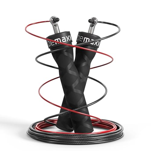 Springseil Speed Rope mit Trainings-eBook + Ersatzkabel: 2 verstellbare Stahlseile Profi Kugellager Anti-Rutsch Griffe | Sprungtrainer Workout Profi Sport Boxen Training Erwachsene Damen Herren