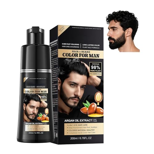 Tinte en Shampoo Negro 4-en-1 para Hombres y Mujeres, Coloración Instantánea y Natural, Cubre Canas Rápidamente, Champú Anticanas Suave para Barba y Cabello, Cuidado Diario - 200ml
