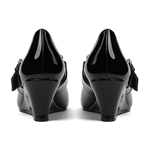 WAYDERNS Women's Slip-on Patent Lace Up Metal Chain Square Toe Mary Jane Wedge Low Heel Pumps Shoes 2 Inch4