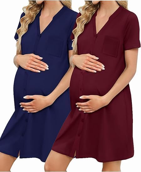 ELESOL 2 Pack Maternity Nightgown Button Down Nursing Gown 3 in 1 Breastfeeding Sleepwear V Neck Short Sleeve Delivery Dress