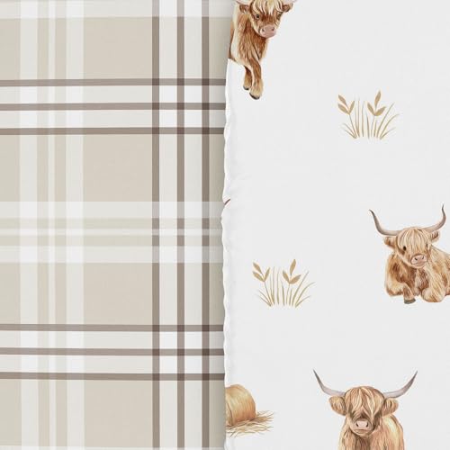 Image of Sweet Jojo Designs 2-Piece Baby Bassinet Sheets Set (Boho Highland Cow) for Girls /Boys, Infant Newborn Nursery, Oval, Rectangle & Hourglass Mattress (Taupe Plaid & Farm Animal, Watercolor, Farmhouse)