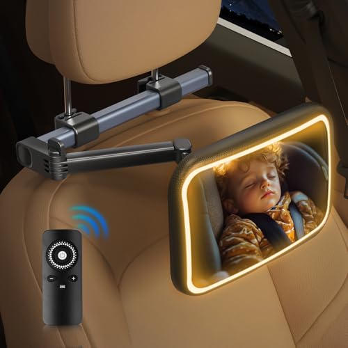 Image of Pitcbo Baby Car Mirror with Light - Adjustable Aluminum Alloy Holder, Remote Control, 360 Rotation Shatterproof Back Seat Mirror
