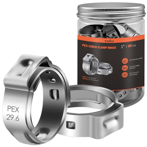 TRILINK 1 PEX Crimp Rings 30-Pack 304 Stainless Steel Single Ear Cinch Clamp Rings 1 Inch Leak-Proof Pinch Clamps Compatible with PEX Tubing & Standard Cinch Tools