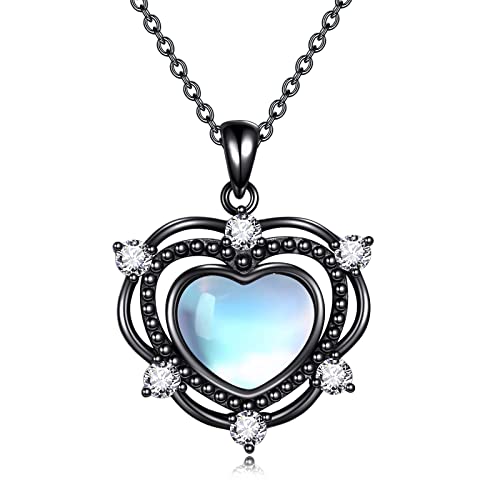 Schwarz Kette Mondstein 925 Sterling Silber Herz Anhänger Halskette Liebe Zirkonia Gothik Schmuck Geburtstag Geschenk für Damen Frauen Cover
