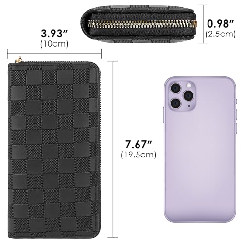 Checkered Zip-Around Wallet for Women, Faux Leather Credit Card and Cash Holder, Long Clutch Phone Purse, Black2