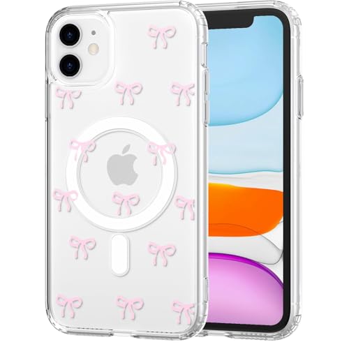 TVVTPU Magnetisch Hülle für iPhone 11 Kompatibel mit MagSafe, Nie Vergilbung Transparent Handyhülle Dünne Hard PC Rückseite Bumper Stoßfester Kratzfest Schutzhülle Case mit Schleifen Muster, Rosa
