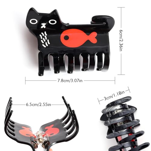 Cat Hair Claw Clips for Women Girls Cute Big Hairpins,Black Cat with Red Fish Splicing Personalised Hair Claw Kawaii Funny Cat Style Medium Clips for Thin Hair, Animal Hair Accessories Gift