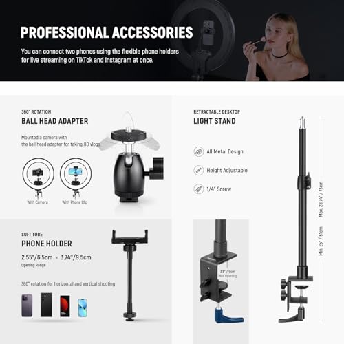 NEEWER RL45B 18" Edge Lit Desk Ring Light for Phone Camera Laptop LED Lighting Kit Phone Holder Desktop Stand Ball Head Mount Video Conference Webcam Recording Zoom Call Streaming Makeup Selfie