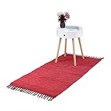 Relaxdays Flickenteppich, 70 x 140 cm, Baumwolle, handgewebt, rutschfest, waschbar, mit Fransen, Fleckerlteppich, rot, 10037717_774