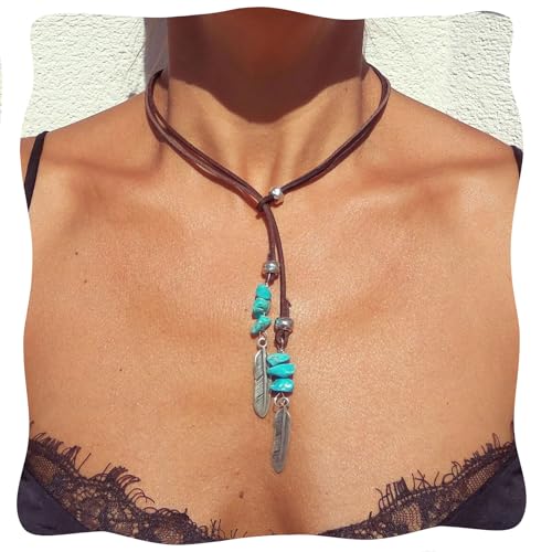 Turquoise Necklace, Vintage Lariat Necklace for Women, Boho Turquoise Choker Necklace Feather Pendant with Leather Cord, Handmade Western Style Jewelry