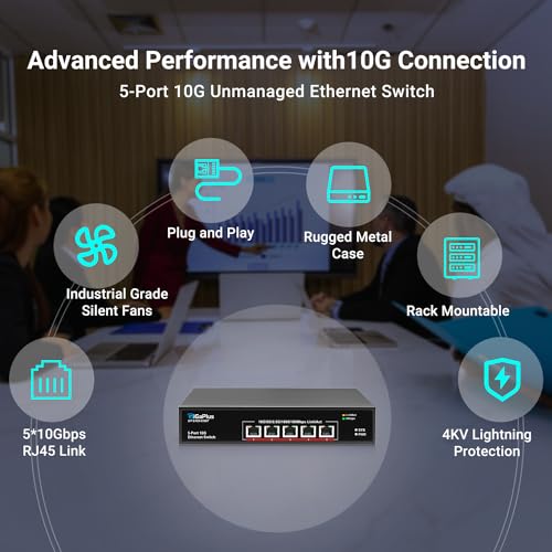 Image of 5-Port 10Gb Ethernet Switch Unmanaged with 5 x 10Gb RJ45 Ports, GiGaPlus 10Gbe Network Switch Easy for 10G NAS, PC, WiFi7 Routers, 10G NIC /Adapters. 100Gbps Switching Capacity. Desktop /19-inch Rack
