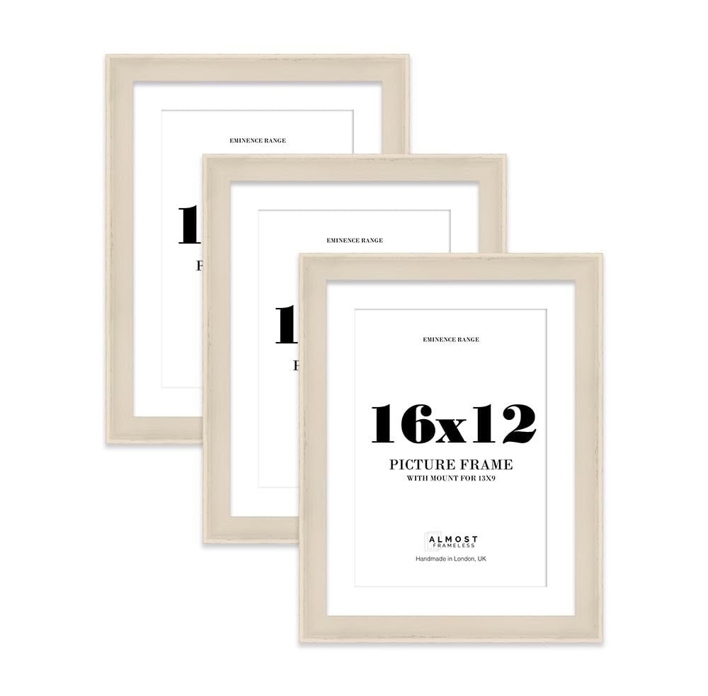 16x12" Cream Picture Frame with 13x9" Mount - Shabby Chic Photo Frame with Distressed Finish, Wall Hooks, 32mm Edge - 3 Pack
