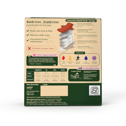 Image of Avni Lush Reusable Cloth Sanitary Pads for Women | 3R + 1L pad | Day & Night Cycle Pack | Superabsorbent Heavy Flow Sanitary Pads | Organic Cotton Sanitary Pad | Antimicrobial Laboratory Tested, Chemical-Free | Patented Design | Lasts 3 years | Full cycle pack of 4 with Cloth Storage Pouch | 240 + 280 mm