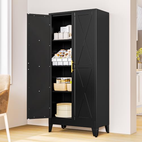 Image of PAOFIN 61 inch H Kitchen Storage Cabinet with Doors | Freestanding Pantry Cabinet,Farmhouse Food Storage Cabinets,Tall Cabinets for Kitchen, Dining Room, Living Room(Black)