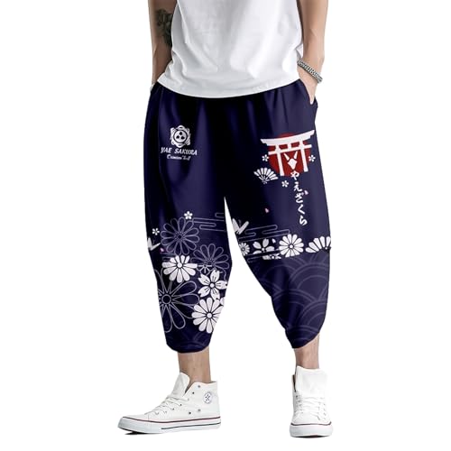 Image of DOSLAVIDA Men's Japanese Kimono Cardigan Suit Chinese Style Printed Jacket Pants Set Open Front Seven Sleeve Top & Shorts