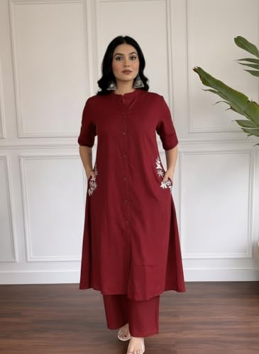 Image of MITZO Cotton Straight Kurta with Palazzo | Co-Ord Set for Women | Stylish Kurta Set for Women | Party & Casual Wear Kurti Set