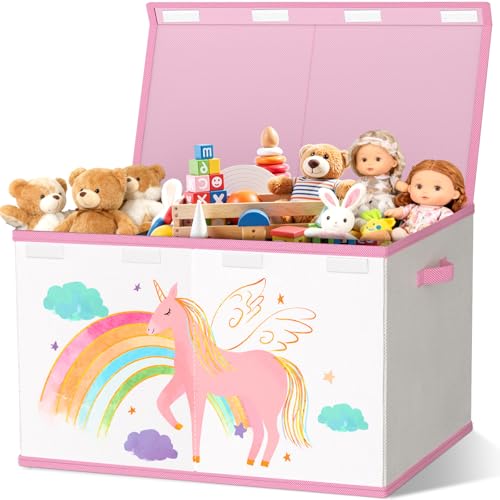 VERONLY Spielzeugkiste Aufbewahrungsbox mit Deckel Kinderzimmer- 83L Faltbar Groß Spielzeug Aufbewahrung Kinder karton mit Griffen für Mädchen Kinderzimmer Bücher Schlafzimme(Beige&Rosa)