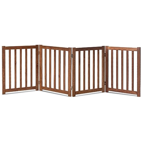 Image of LZRS 4-Panel Wooden Free Standing Foldable Dog Gate Indoor – 24" High, Extra Wide Step-Over Safety Pet Gate for Doorways, Stairs, Hallways, Large Spaces & Playpen for Puppies Indoor Use, Oak
