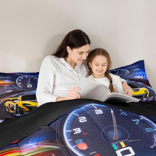 Image of Feelyou Blue Yellow Sports Bedding Set - Race Car Comforter Set for Kids - Twin Size with 1 Comforter Set and 1 Pillowcase