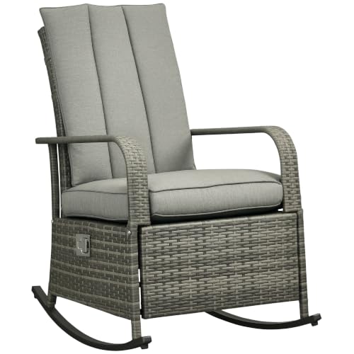 Outsunny Wicker Outdoor Rocking Chair, Patio Recliner with Cushions Gray
