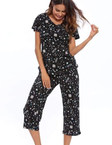 Image of ENJOYNIGHT Womens Pajama Sets Cotton Pj Set Short Sleeve Top With Capri Pants Sleepwear 2 Piece Lounge Set