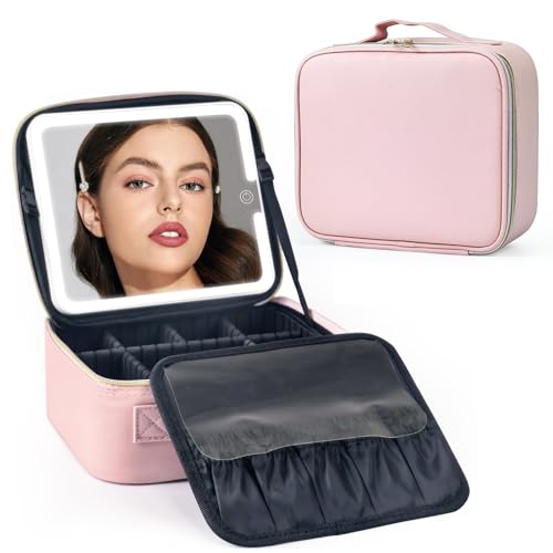 WITFAMILY Make up Tasche mit Spiegel，Travel Makeup Bag mit 1/10x Spiegel und 3 Farbe Licht，Make up Organizer Tasche mit Aufbewahrung von Make-up-Pinseln, Makeup Organizers für Frauen(Rosa Leder)