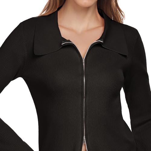 Image of Women's Zip Up Sweater Long Sleeve Polo V Neck Ribbed Knit Slim Cropped Sweater Pullover Trendy Tops