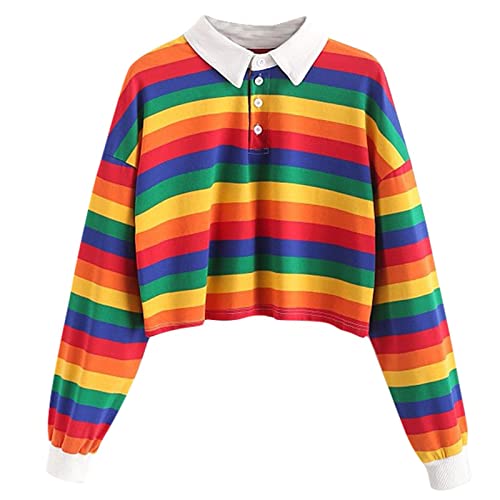 Women's Fashion Cute Crop Top Collared Long Sleeve Rainbow Striped T-Shirt Soft Blouses Y2K Streetwear for Teen Girls