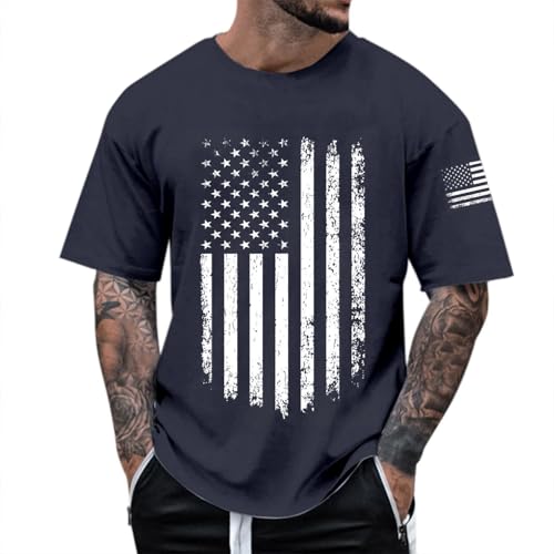 Camiseta para hombre, camiseta gráfica, vintage, casual y cómoda para hombre, con diseño de bandera de la independencia, cuello redondo, manga corta y camiseta corta para hombre V algodón, azul marino