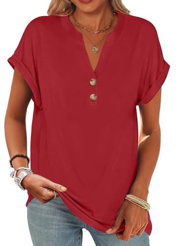 Image of ANRABESS Womens Short Sleeve Henley Tops V Neck Dressy Casual Blouses Summer Trendy Tee Shirts 2026 Vacation Fashion Clothes