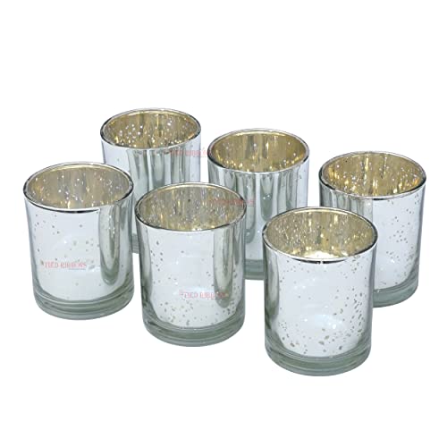 Image of TIED RIBBONS Pack of 6 Votive Glass Tealight Candle Holders Glass Votives (Big, Silver) - Decorations Items for Home Decor Dining Table Gifts - Decorations Items for Home Office Gifts