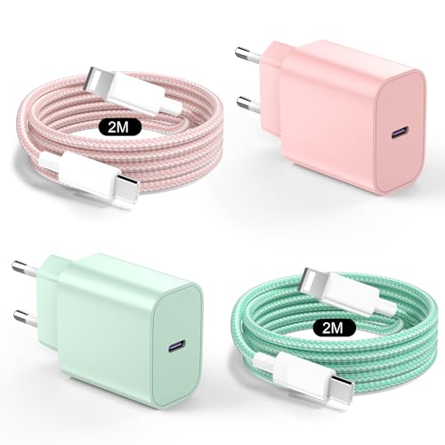 2Pack Cargador para iPhone Carga Rapida 20W Cargador para iPhone 14 13, PD3.0 USB C Enchufe con 2M Cable Lighting para iPhone 14 Plus/14 Pro/14 Pro Max/13/12/11/SE/XS/XR/Pad - Rosa+Verde