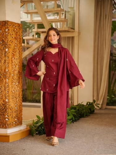 Image of ANNI Designer Women's Cotton Blend Embroidered Straight Kurta with Farshi Salwar and Dupatta | Ethnic Kurta Set for Women Stylish Indian Outfit Designer Suit Set Ethnic Clothing Collection