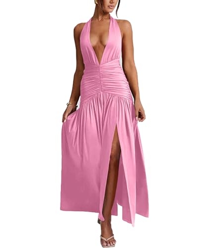 Image of Ekaliy Women's Sexy Halter Deep V Neck Maxi Dress Sleeveless Backless High Slit Ruched Long Dress Summer Party Cocktail Dress