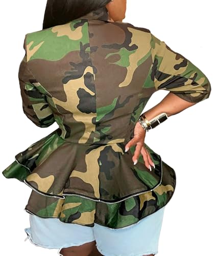 Sexyshine Women's Double Breasted Camouflage Jacket Long Sleeve Notch Lapel Camo Blazer Jackets Ruffle Tiered Peplum Coat2