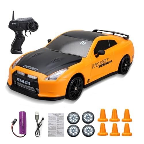 Carro RC Drift 1/24 2,4 GHz 4WD Controle Remoto Esportivo Corrida, Baterias e Pneus Drift (GTR Amarelo e Preto)