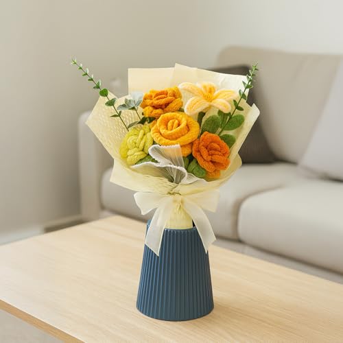 Crochet Flower Bouquet, Handmade Knitted Yellow Roses and Lilies, Artificial Yarn Flowers with Wrap for Birthday, Graduation, Friendship Gift, Get Well Soon, Home Table Decor image 7