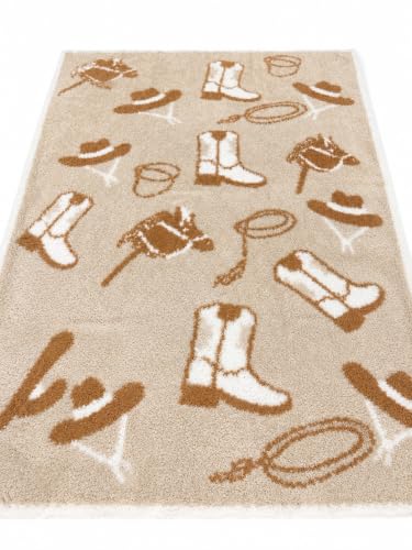 Image of L+L USA Cowboy Baby Blanket 28 inchx40 inch - DreamSoft Knit Throw for Crib, Stroller, Car Seat - Soft Newborn Nursery Gift Essential Toddler, Infant, Babies, Kids, Boys & Girls (Tan /White)