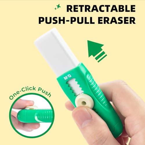 Image of M&G 1+1 Pack Green Sliding Retractable Cute Eraser Set, Refillable Soft Large Rubber Eraser with Sleeve for Kids Students School Office Supplies