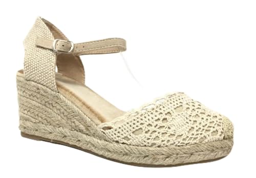 Miro Boho Chic Cuñas Alpargatas Mujer Plataforma Yute Sandalias Mujer Cuñas De Esparto con Encaje Y Correa De Tobillo Zapatos Novia Alpargatas Boda. Bohemien (Beige, 39)