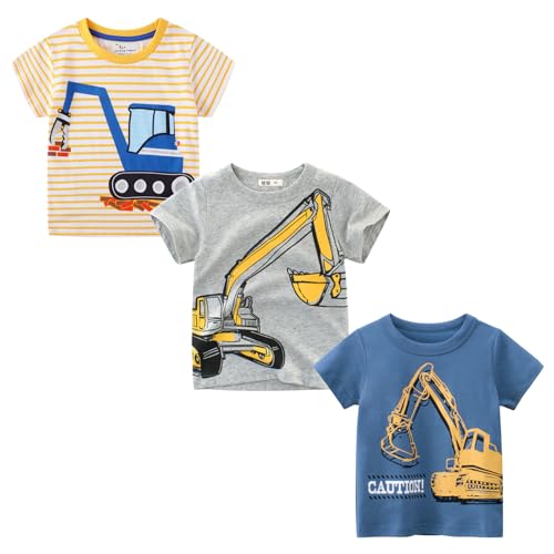 Tshirt Kinder Jungen Kurzarm Cartoon Bagger T-Shirt 3er-Pack Kleinkind Jungs Baumwolle Atmungsaktiv Sommer Oberteile 5 Jahre Grau+Blau+Orange 5T/120