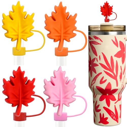 Amreich Thanksgiving Straw Toppers | Fall Straw Covers for Stanley Cup Accessories | Autumn Thanksgiving Day Silicone Straws Cover Caps 10mm Maple Leaf Design