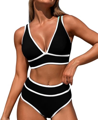 High Waisted Bikini Sets Womens Cheeky Two Piece Swimsuit V Neck Color Block Bathing Suit