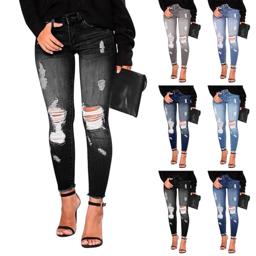 Ripped Skinny Jeans for Women High Waisted Tummy Control Jeggings Slim Fit Distressed Stretchy Denim Pants with Pocket