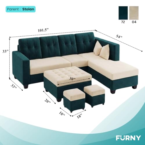 Image of FURNY Nathan 8 Seater L Shape Sofa Set RHS (Green Teal-Cream) | Suede Velvet Finish | Durable Comfort Sofa for Modern Living Room & Office Spaces
