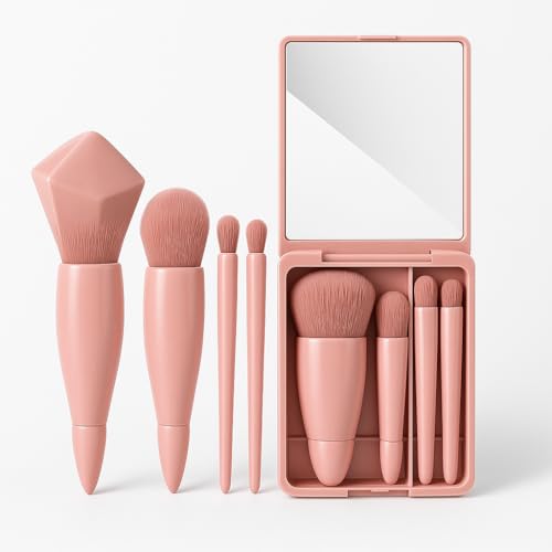5-in-1 Mini Makeup Brush Set with Mirror | Compact Travel-Friendly Pocket Makeup Brushes Kit for Foundation, Eyeshadow, Blush & Powder | Portable Cosmetic Brush Set for Women & Girls