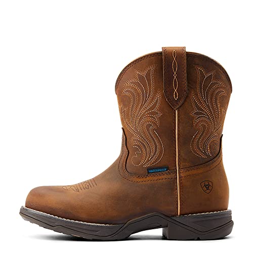 Ariat Womens Anthem Shortie H20 Embroidery Round Toe Pull On Casual Boots Mid Calf Low Heel 1-2" - Brown2