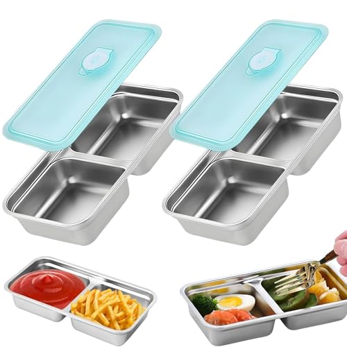 U-HOOME 2pcs Grab and Go Snack Divided Container Stainless Steel Double Compartment Snack Containers with Lid Reusable Condiment Food Container Bento Box for Travel and Outdoor Camping