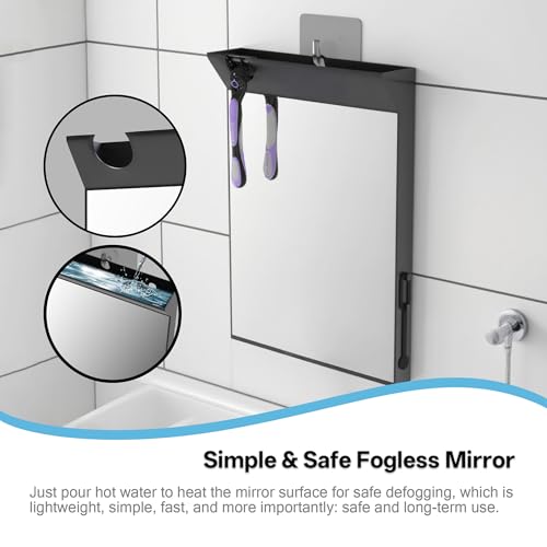 Image of Wall Mount Anti Fog Mirror for Shower,Large Black Mirror for Bathroom,Hot Water Powered Defogging Shower Mirrors for Shaving for Women Makeup,Heated Makeup Mirror Hanging with Hook